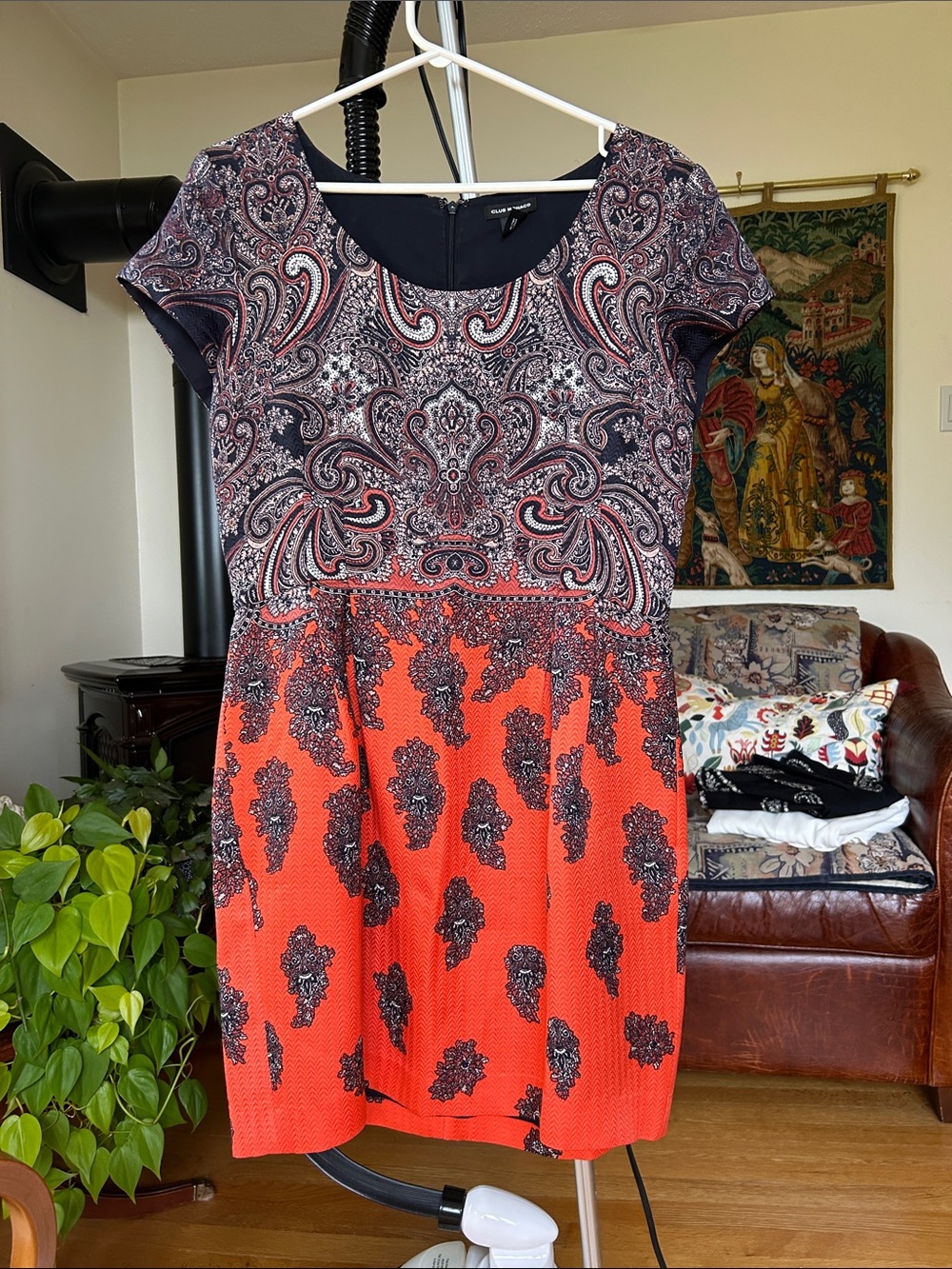 Club Monaco Navy and Coral Paisley-Panel Mini Dress